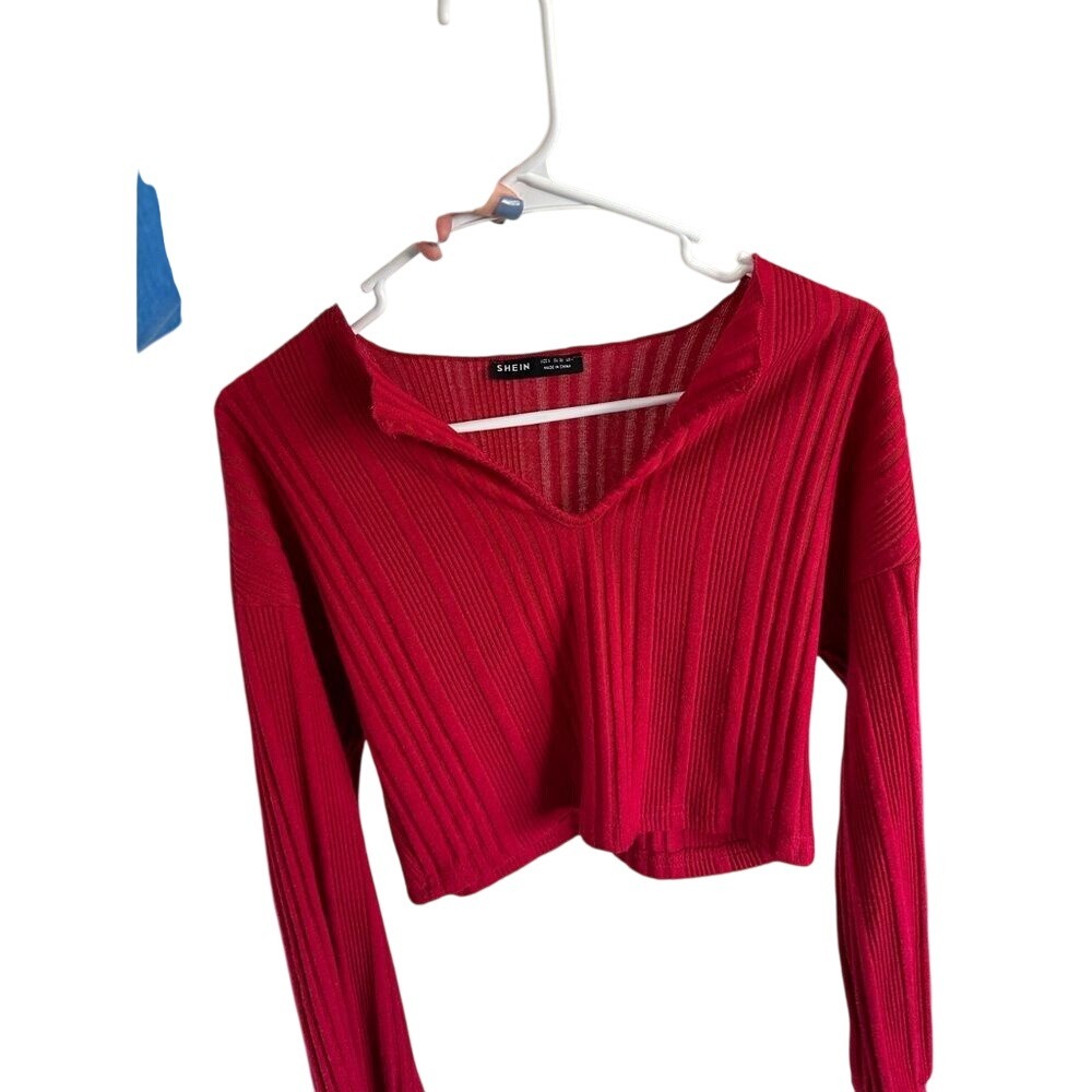 SHEIN Red Ribbed Knit Cropped Top Long Sleeve V Neck Collar Size‎ S